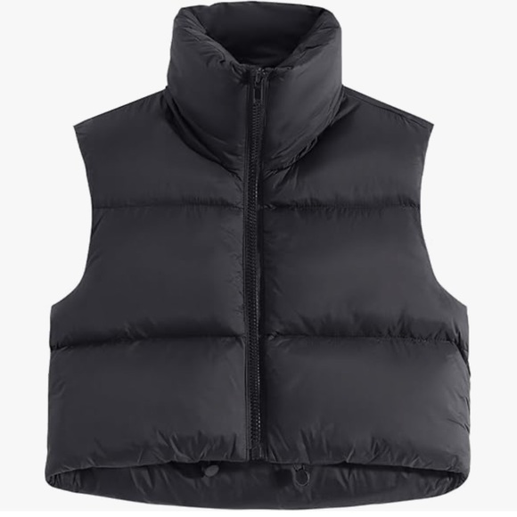 Fuinloth Women's Padded Vest, Stand Collar Zip Cropped Puffer in Black - Picture 1 of 5